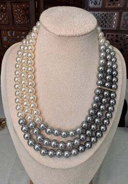 Tiered Multi-Strand Two-Tone Faux Pearl Necklace in Cream and Gunmetal Grey